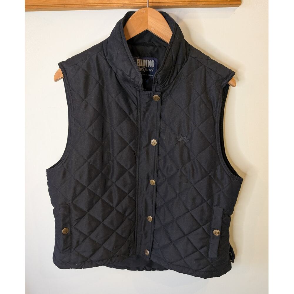 Riding Sport Equestrian Quilted Vest Black Horse Logo Snap Button Large